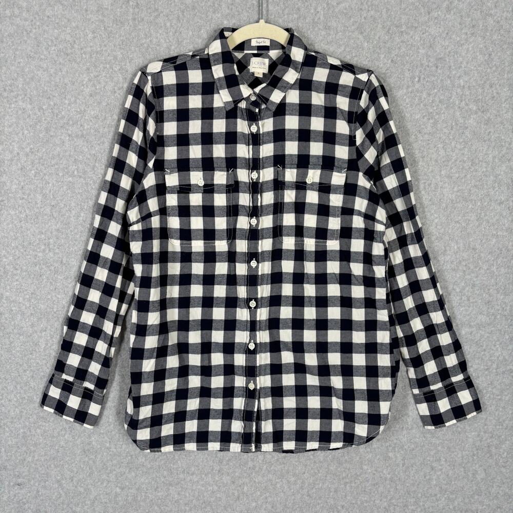 J Crew Flannel Shirt Womens Medium Navy Buffalo Check‎ Perfect Fit Cotton Preppy